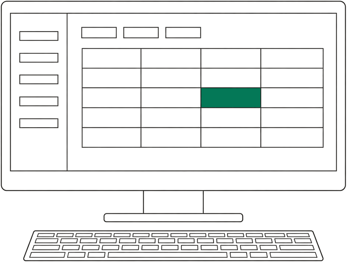Dibujo de línea de un monitor con una aplicación de gestión: una tabla con una celda en verde.