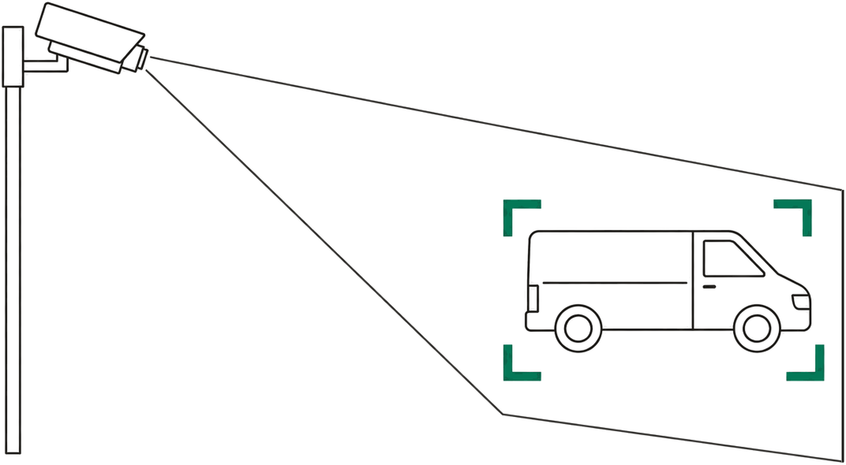 Dibujo de línea de una cámara fija en un poste cuyo campo de visión abarca una furgoneta, encuadrada con un marco de detección verde.